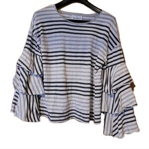 For the Republic brand Striped Blouse featuring Ruffled Flared Bell Sleeves Sz L
